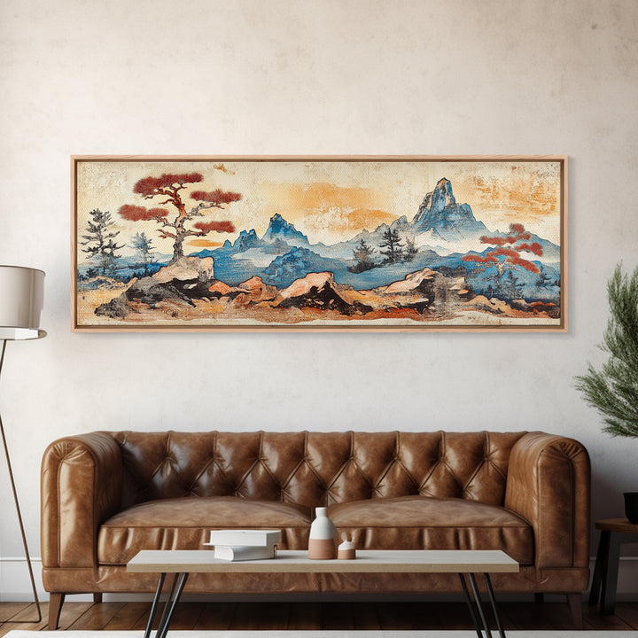 Zen Rock Garden With Blue Mountains Wall Art, Japanese Landscape Print, Wabi Sabi Decor, Serene Japandi Living Room Canvas