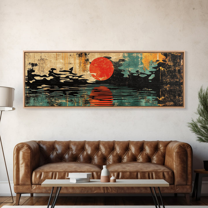 Red Sun Over Black Water Wall Art, Japanese Ink Seascape Print, Minimalist Asian Decor, Bold Modern Living Room Canvas Art