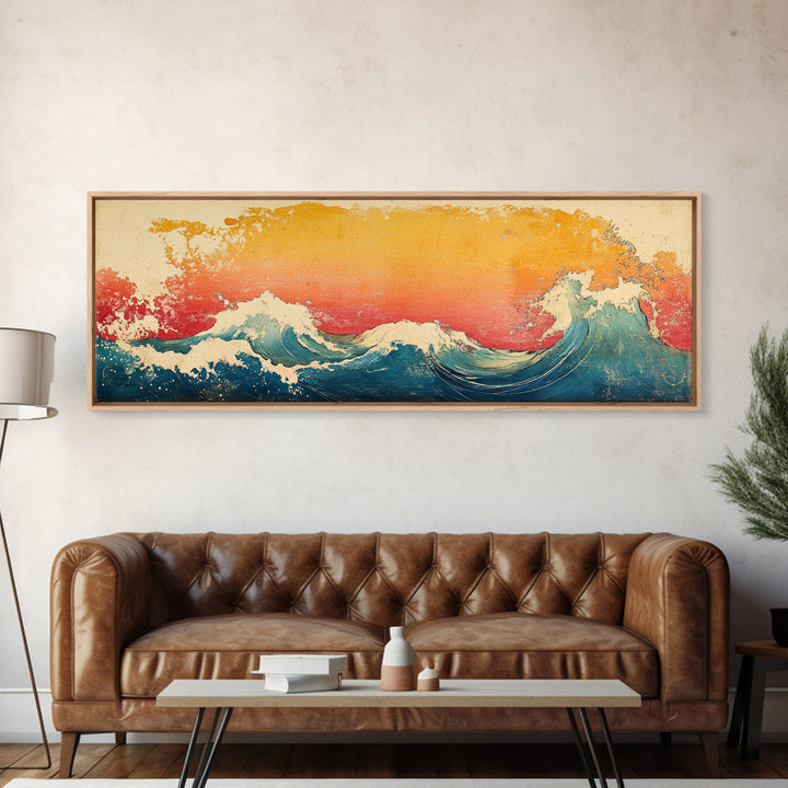 Great Wave At Golden Sunset Canvas Print, Japanese Ocean Wall Art, Hokusai Inspired Coastal Decor, Blue Living Room Print