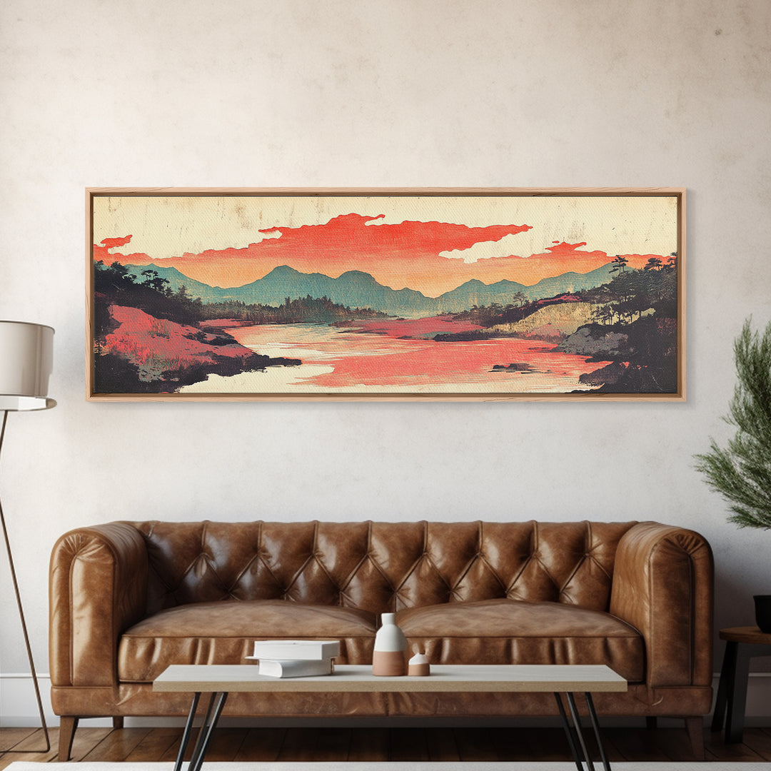 Coral Sky River Valley Wall Art, Japanese Mountain Landscape Print, Long Horizontal Canvas, Modern Living Room Decor, Home Decor