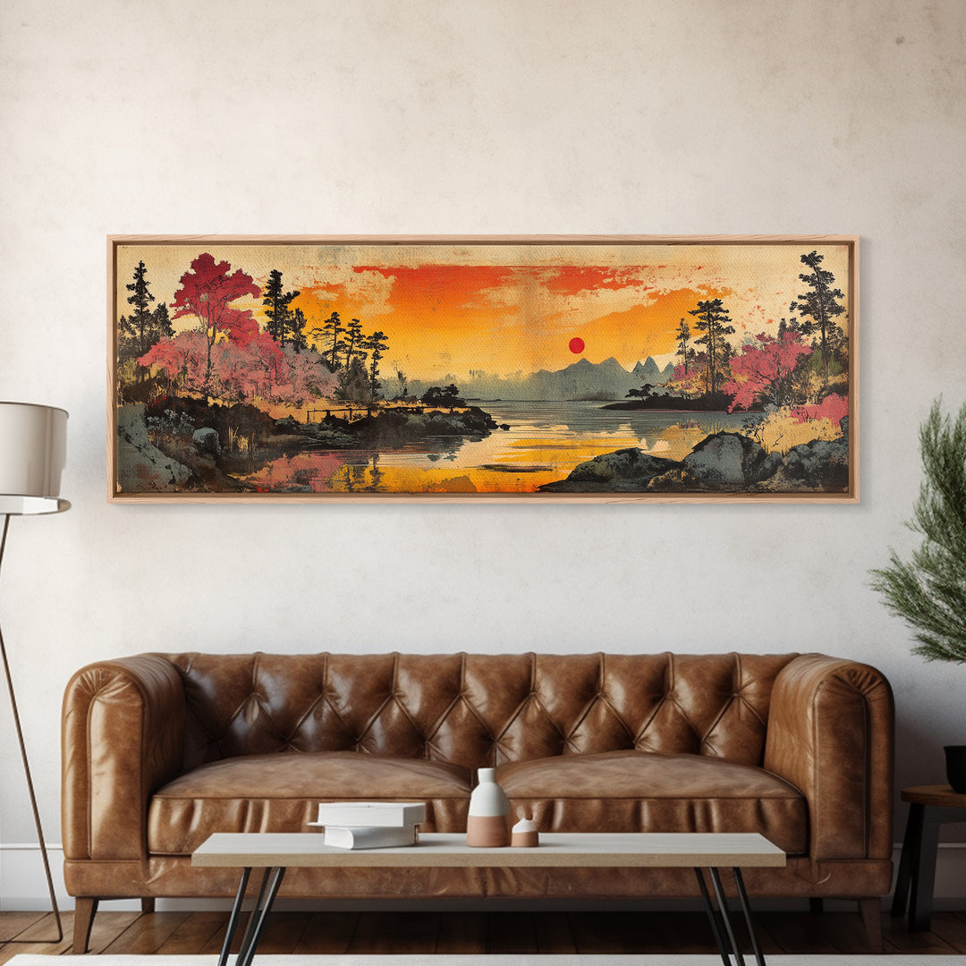 Orange Sunset Lake Wall Art, Cherry Blossom Landscape Canvas Print, Japanese Nature Decor, Panoramic Living Room Art Print