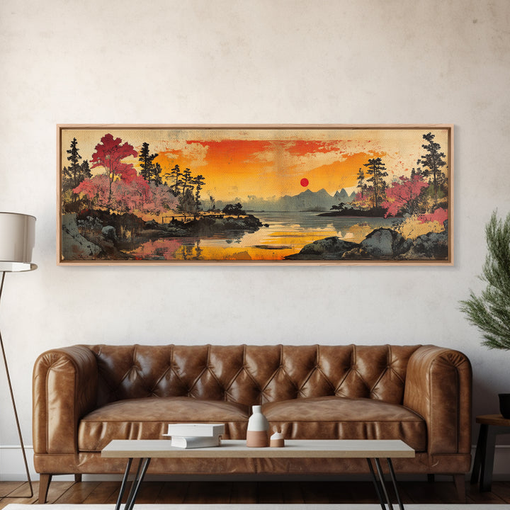 Orange Sunset Lake Wall Art, Cherry Blossom Landscape Canvas Print, Japanese Nature Decor, Panoramic Living Room Art Print