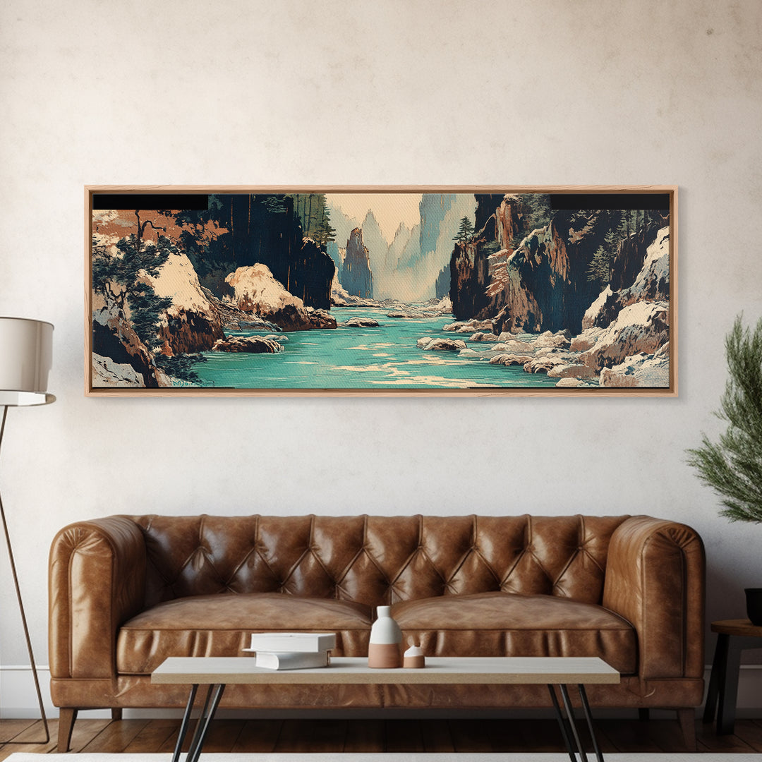 Snowy Canyon River Wall Art, Turquoise Mountain Gorge Canvas Print, Japanese Landscape Decor, Large Horizontal Artwork Print