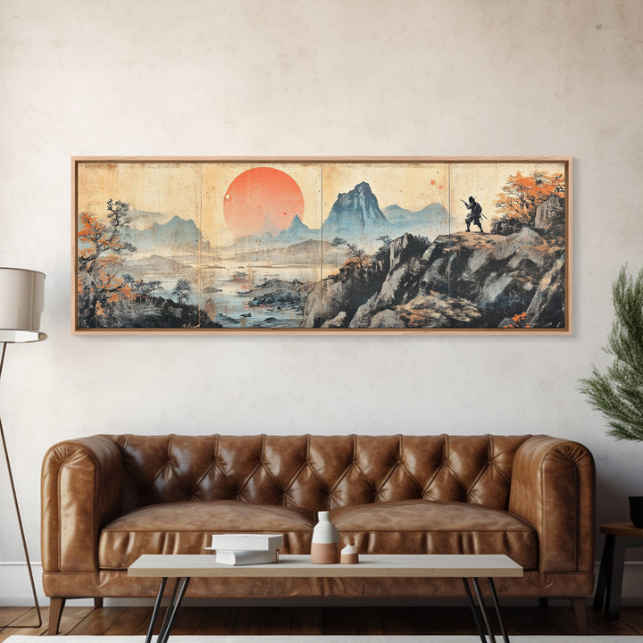 Samurai Mountain Sunset Wall Art, Japanese Landscape Triptych Canvas Print, Asian Wall Decor, Panoramic Living Room Art Print