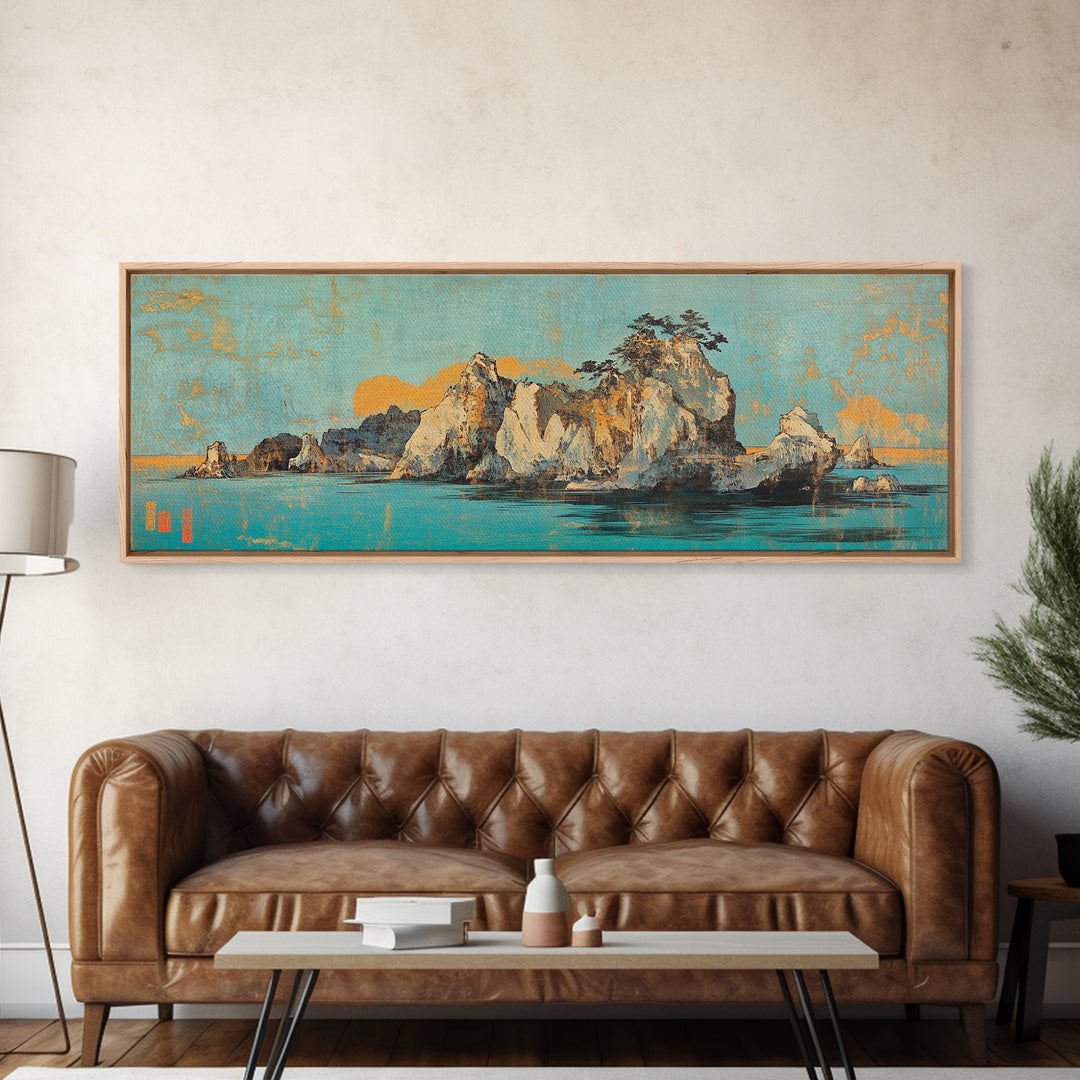 Turquoise Island Seascape With Rocky Pines, Japanese Wall Art, Coastal Landscape Print, Panoramic Canvas, Living Room Decor