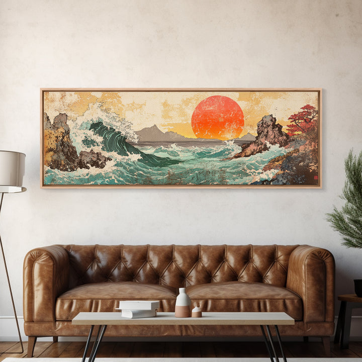 Crashing Wave And Red Sun, Japanese Wall Art, Ocean Seascape Canvas Print, Coastal Wall Decor, Large Living Room Art, Home Decor