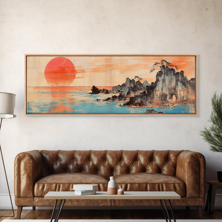 Red Sun Over Ocean Cliffs, Japanese Wall Art, Coastal Seascape Print, Panoramic Canvas, Modern Living Room Decor, Home Decor