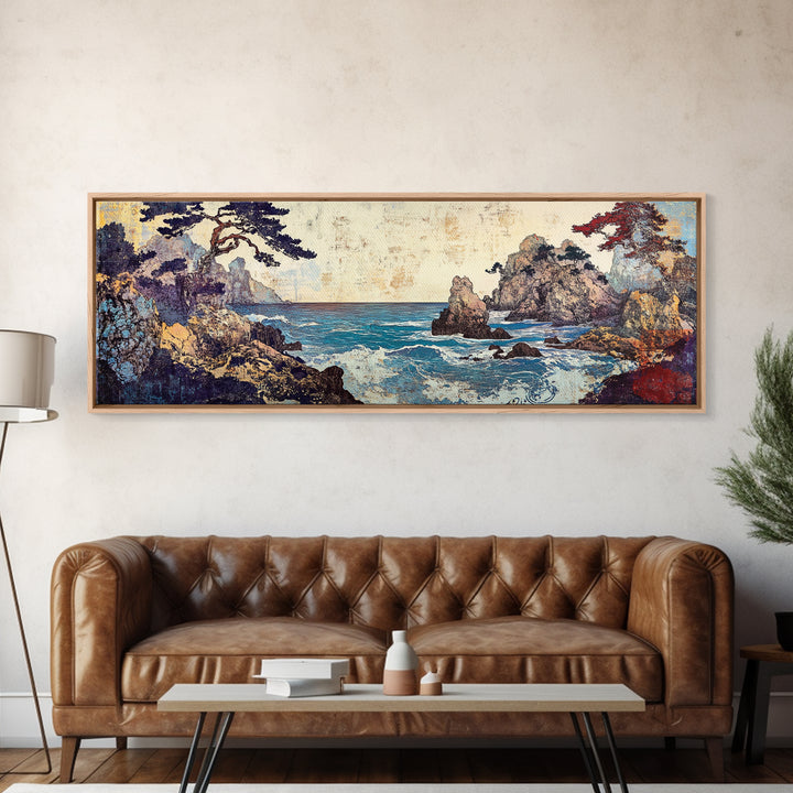 Pine Framed Rocky Cove, Japanese Wall Art, Coastal Seascape Canvas Print, Ocean Wall Decor, Panoramic Living Room Art, Home Decor