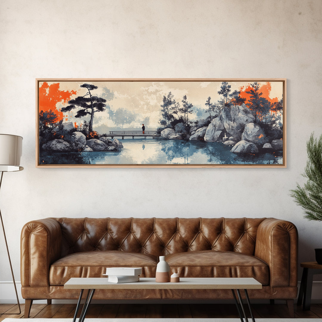 Serene Japanese Garden Bridge, Wall Art, Lake Landscape Canvas Print, Zen Home Decor, Calming Office And Living Room Art