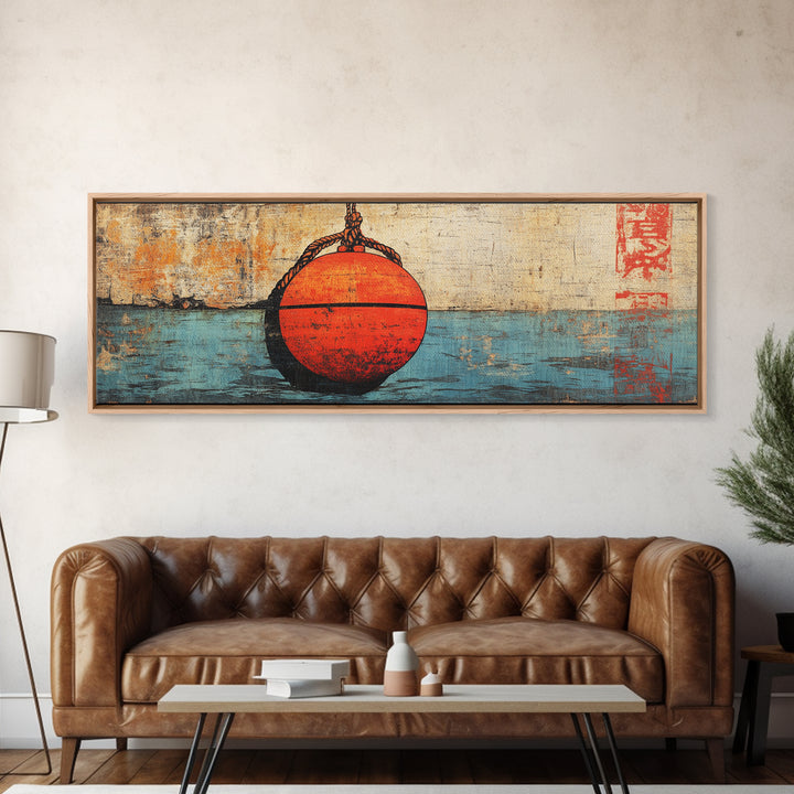 Red Fishing Buoy On Weathered Blue Water, Nautical Wall Art, Coastal Canvas Print, Beach House Decor, Ocean Wall Decor, Gift