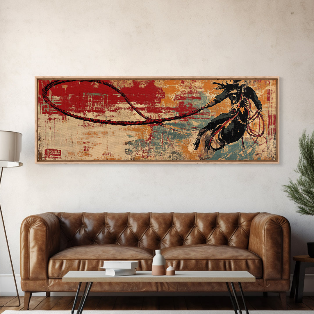 Western Lasso Rope On Red Teal Texture, Cowboy Wall Art, Rustic Canvas Print, Man Cave Decor, Western Home Decor Gift For Him