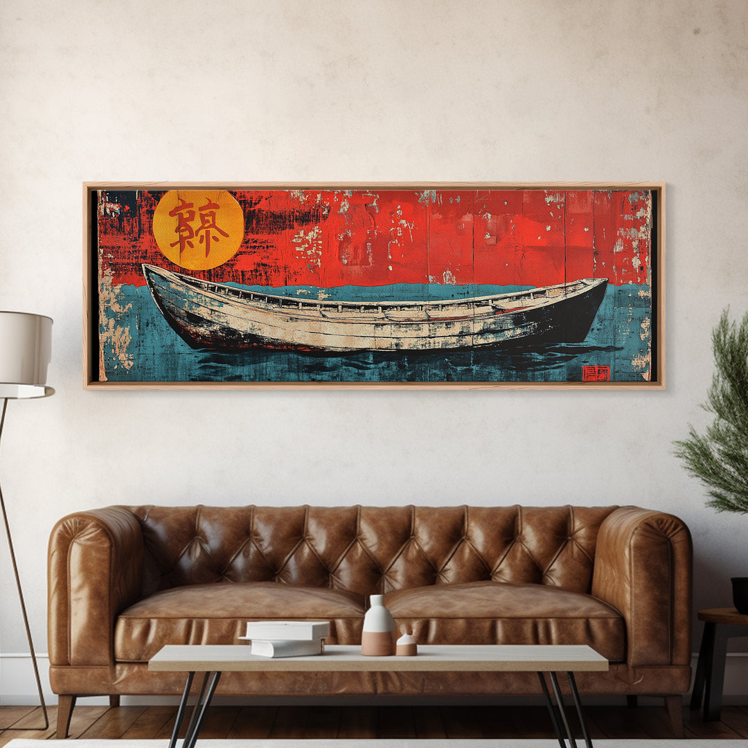 White Fishing Boat On Red Teal Sea, Japanese Wall Art, Nautical Canvas Print, Coastal Wall Decor, Beach House Decor Gift