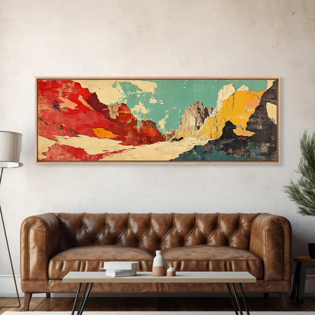 Red Teal Abstract Mountain Landscape Wall Art, Panoramic Canvas Print, Modern Southwestern Decor, Long Horizontal Wall Decor
