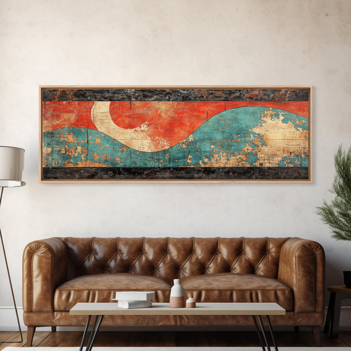 Red Sun And Teal Wave Wall Art, Japanese Coastal Canvas Print, Minimalist Abstract Seascape, Long Horizontal Living Room Wall Decor