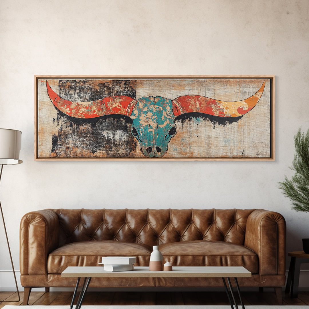 Turquoise Longhorn Skull Wall Art, Western Boho Canvas Print, Southwestern Rustic Decor, Long Horizontal Statement Artwork