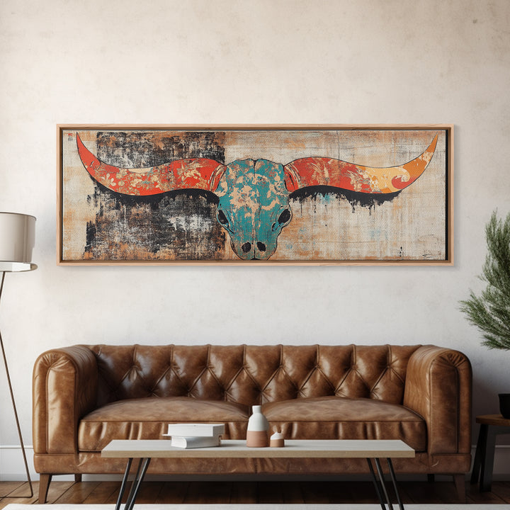 Turquoise Longhorn Skull Wall Art, Western Boho Canvas Print, Southwestern Rustic Decor, Long Horizontal Statement Artwork