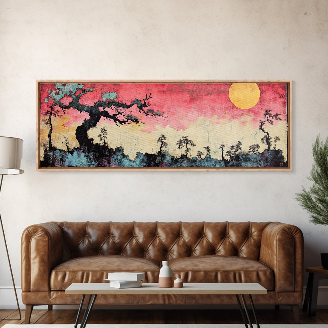 Pink Sunset Moon Tree Landscape Wall Art, Japanese Canvas Print, Dreamy Nature Decor, Long Horizontal Bedroom Wall Decor