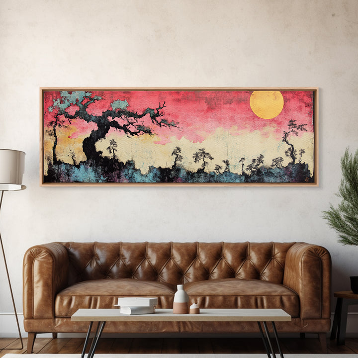 Pink Sunset Moon Tree Landscape Wall Art, Japanese Canvas Print, Dreamy Nature Decor, Long Horizontal Bedroom Wall Decor