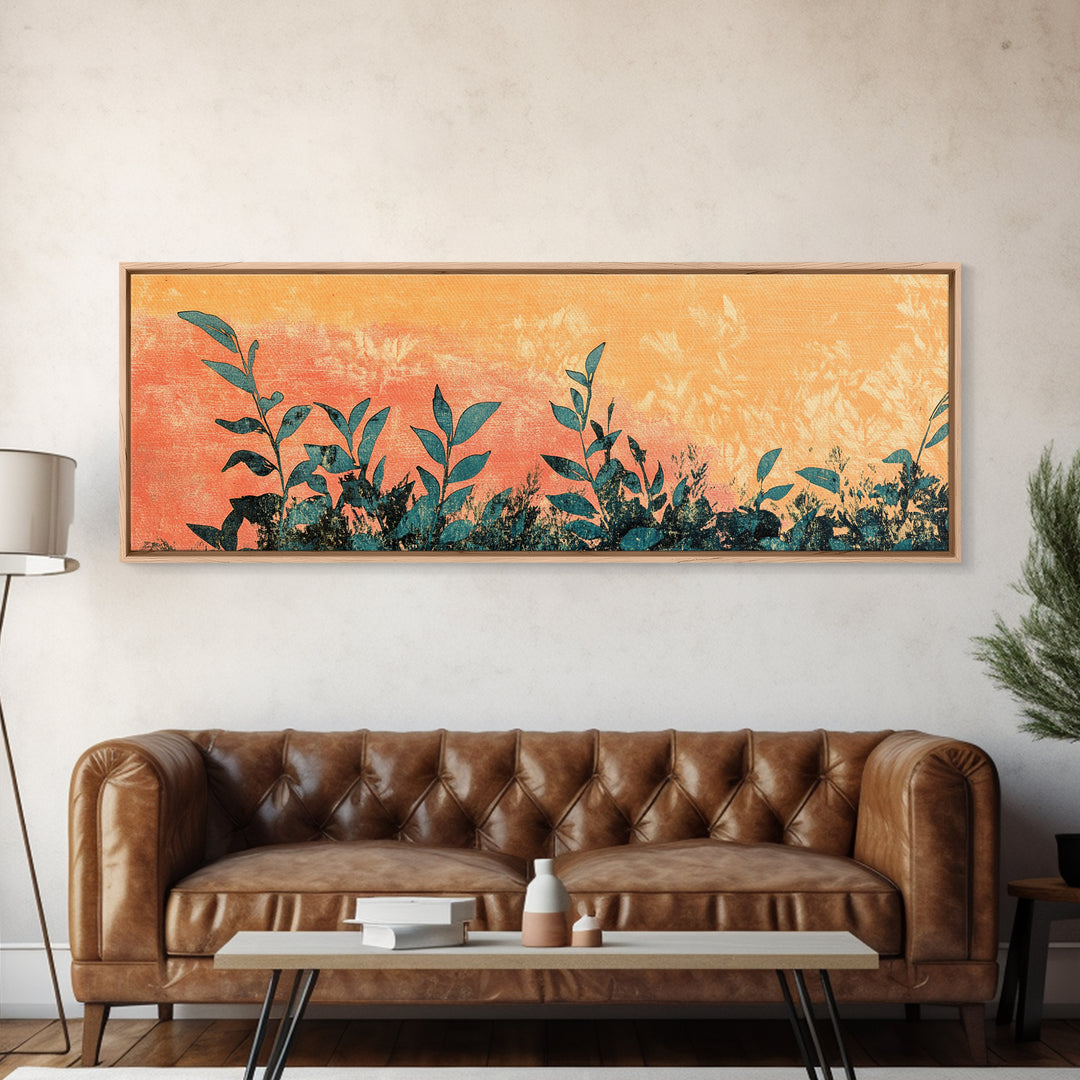 Orange Botanical Silhouette Wall Art, Nature Canvas Print, Boho Botanical Decor, Long Horizontal Living Room Wall Art Decor