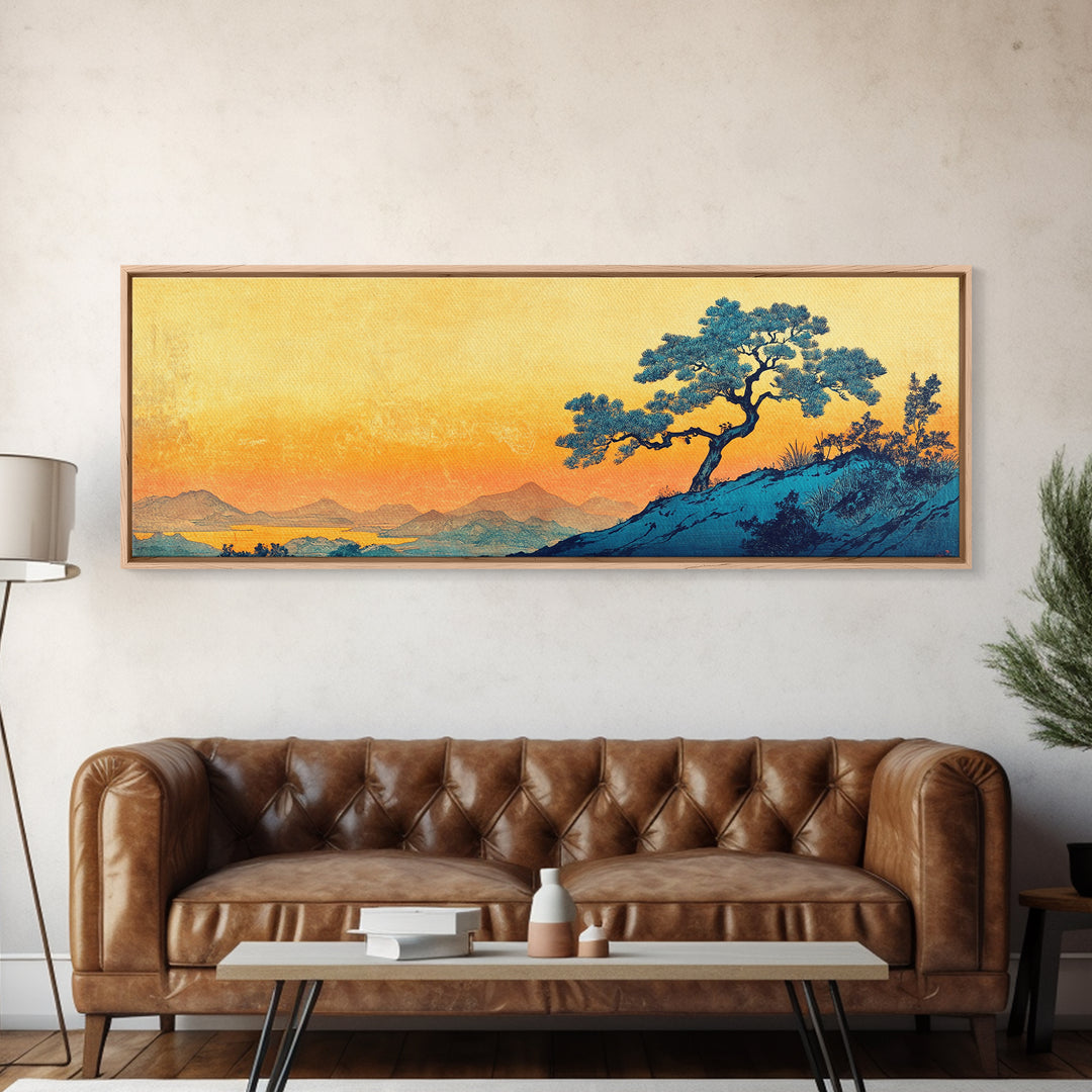 Blue Pine Tree Mountain Landscape Wall Art, Japanese Canvas Print, Serene Nature Decor, Long Horizontal Lake House Wall Decor