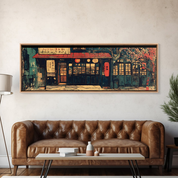 Cozy Japanese Storefront Night Wall Art, Cherry Blossom Cafe Canvas, Asian Home Decor, Japandi Gallery Living Room Print