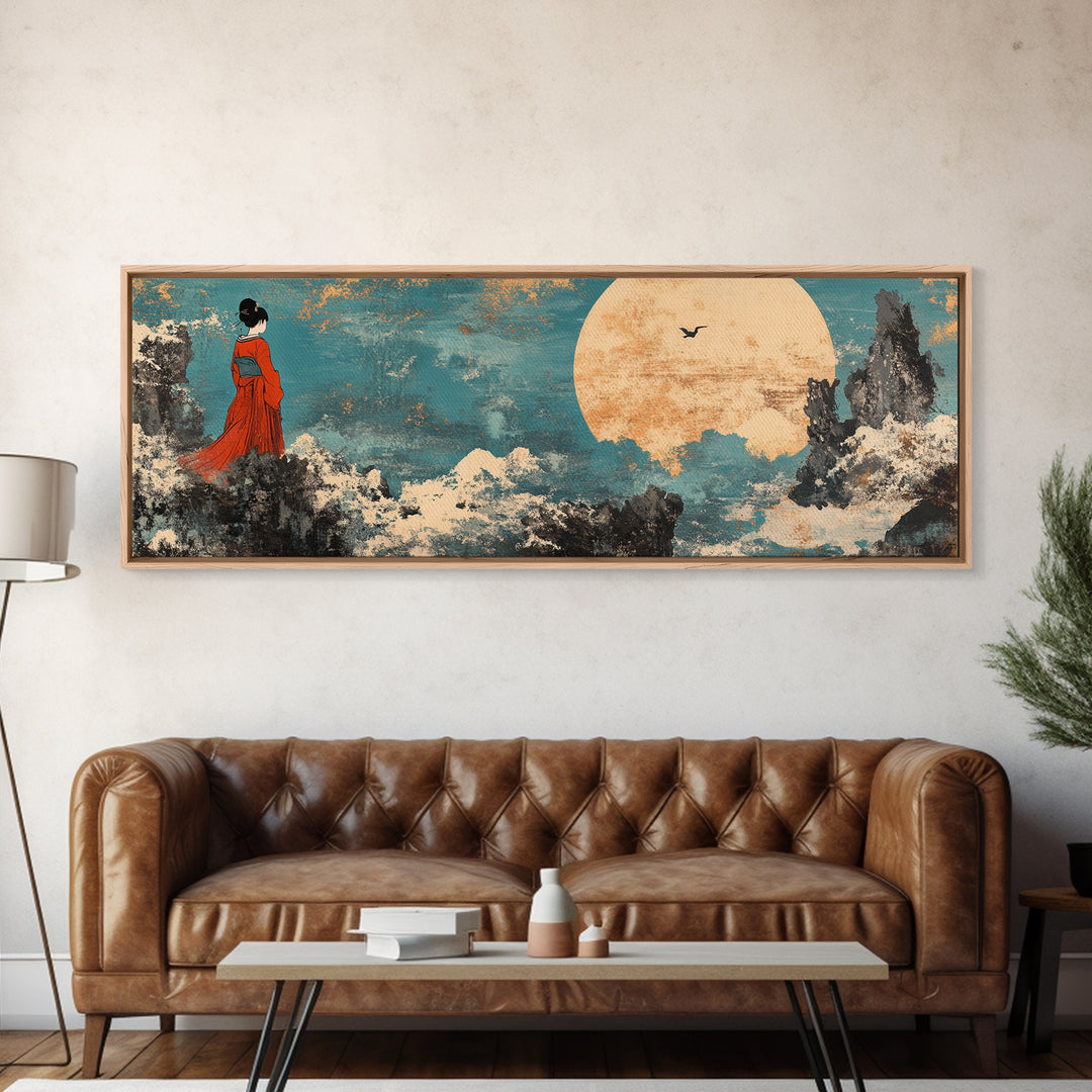 Red Kimono Woman Moon Wall Art, Japanese Landscape Canvas Print, Asian Inspired Decor, Dreamy Japandi Bedroom Art Gift For Her