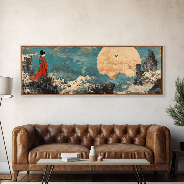 Red Kimono Woman Moon Wall Art, Japanese Landscape Canvas Print, Asian Inspired Decor, Dreamy Japandi Bedroom Art Gift For Her