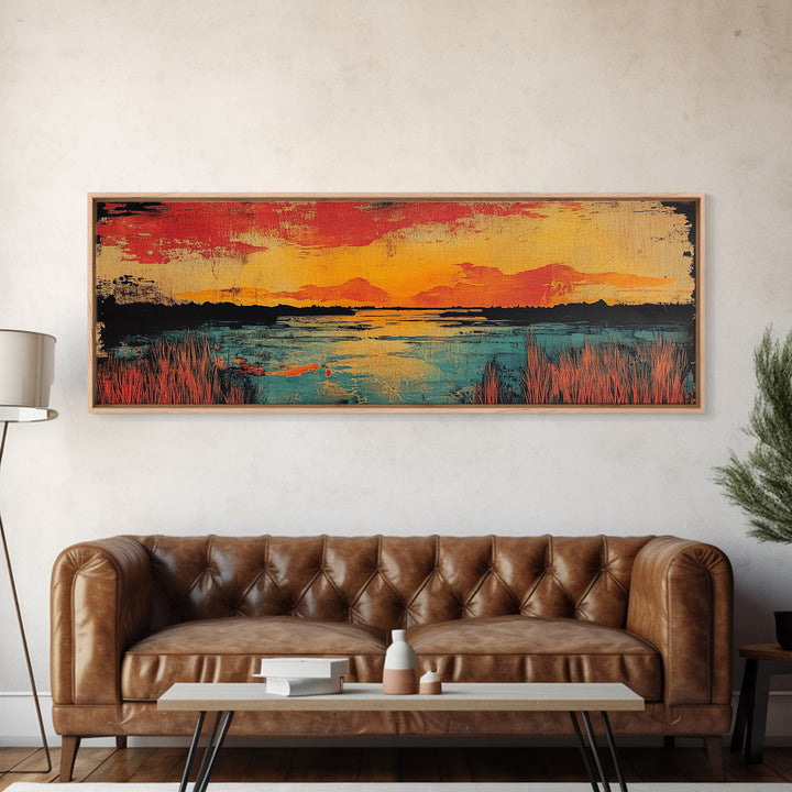 Vibrant Sunset Lake Landscape Wall Art, Marsh Water Canvas Print, Rustic Nature Decor, Large Horizontal Living Room Art Print
