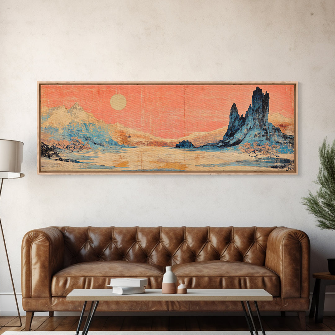 Pastel Desert Mountain Landscape Wall Art, Southwestern Canvas Print, Pink Sky Neutral Decor, Long Horizontal Above Bed Art