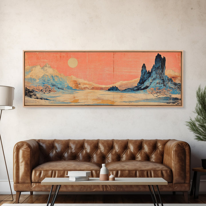Pastel Desert Mountain Landscape Wall Art, Southwestern Canvas Print, Pink Sky Neutral Decor, Long Horizontal Above Bed Art