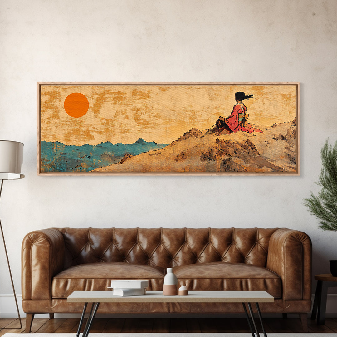 Sunset Woman Cliff Canvas Print, Asian Landscape Wall Art, Warm Desert Mountains, Boho Living Room Decor Housewarming Gift