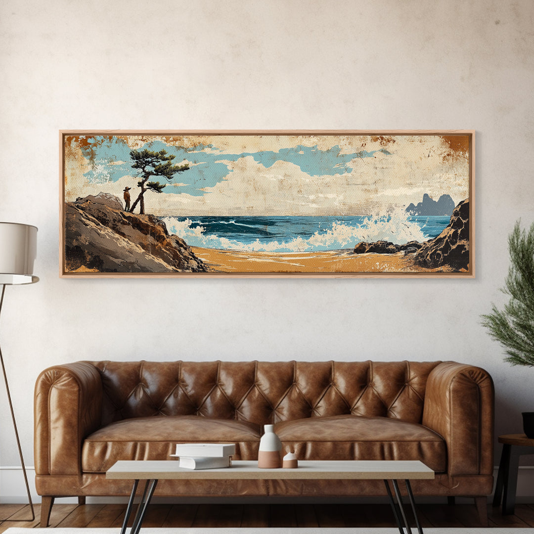 Coastal Lone Pine Beach Canvas Print, Ocean Wave Landscape Wall Art, Rustic Nautical Decor, Large Horizontal Art For Beach House Decor