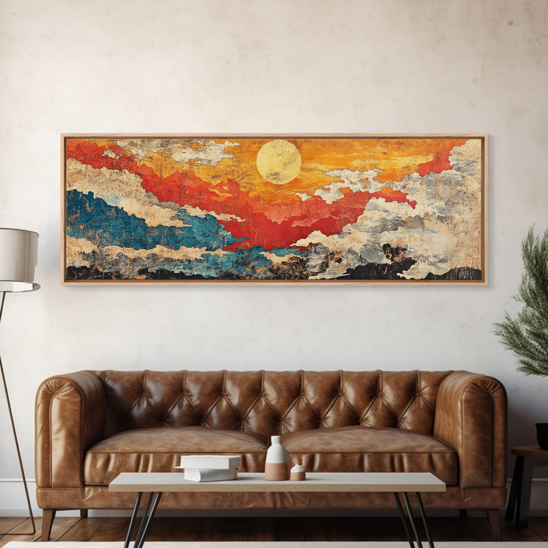 Abstract Red Gold Sunset Canvas Print, Textured Cloudscape Wall Art, Boho Modern Decor, Panoramic Living Room Art, Above Sofa Decor