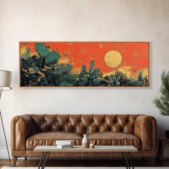 Desert Cactus Sunset Wall Art, Southwestern Landscape Canvas Print, Boho Western Decor, Warm Terracotta Home Decor Gift For Him