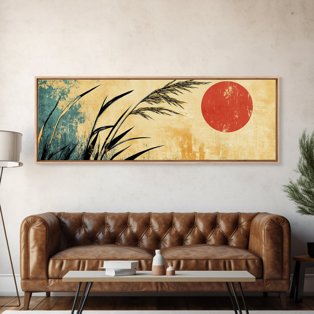 Minimal Reeds And Red Sun Canvas Print, Japanese Wall Art, Zen Home Decor, Japandi Coastal Poster For Calm Living Room Decor