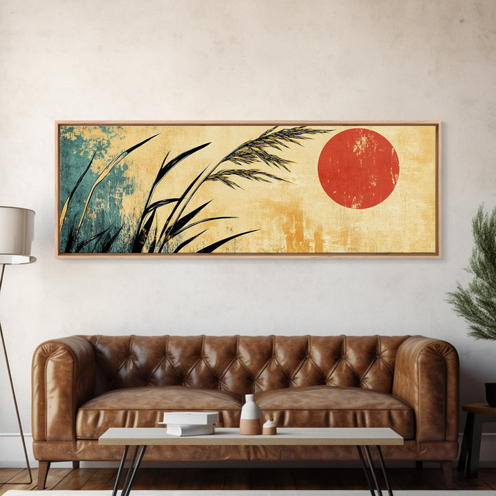 Minimal Reeds And Red Sun Canvas Print, Japanese Wall Art, Zen Home Decor, Japandi Coastal Poster For Calm Living Room Decor