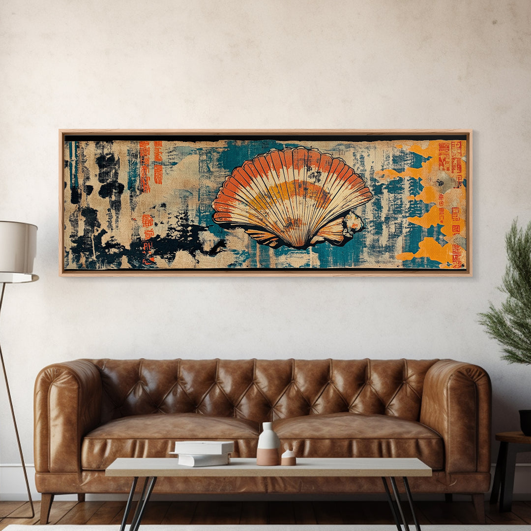 Orange Seashell On Blue Textured Canvas Print, Japanese Coastal Wall Art, Nautical Bathroom Decor, Ocean Gallery Wall Art
