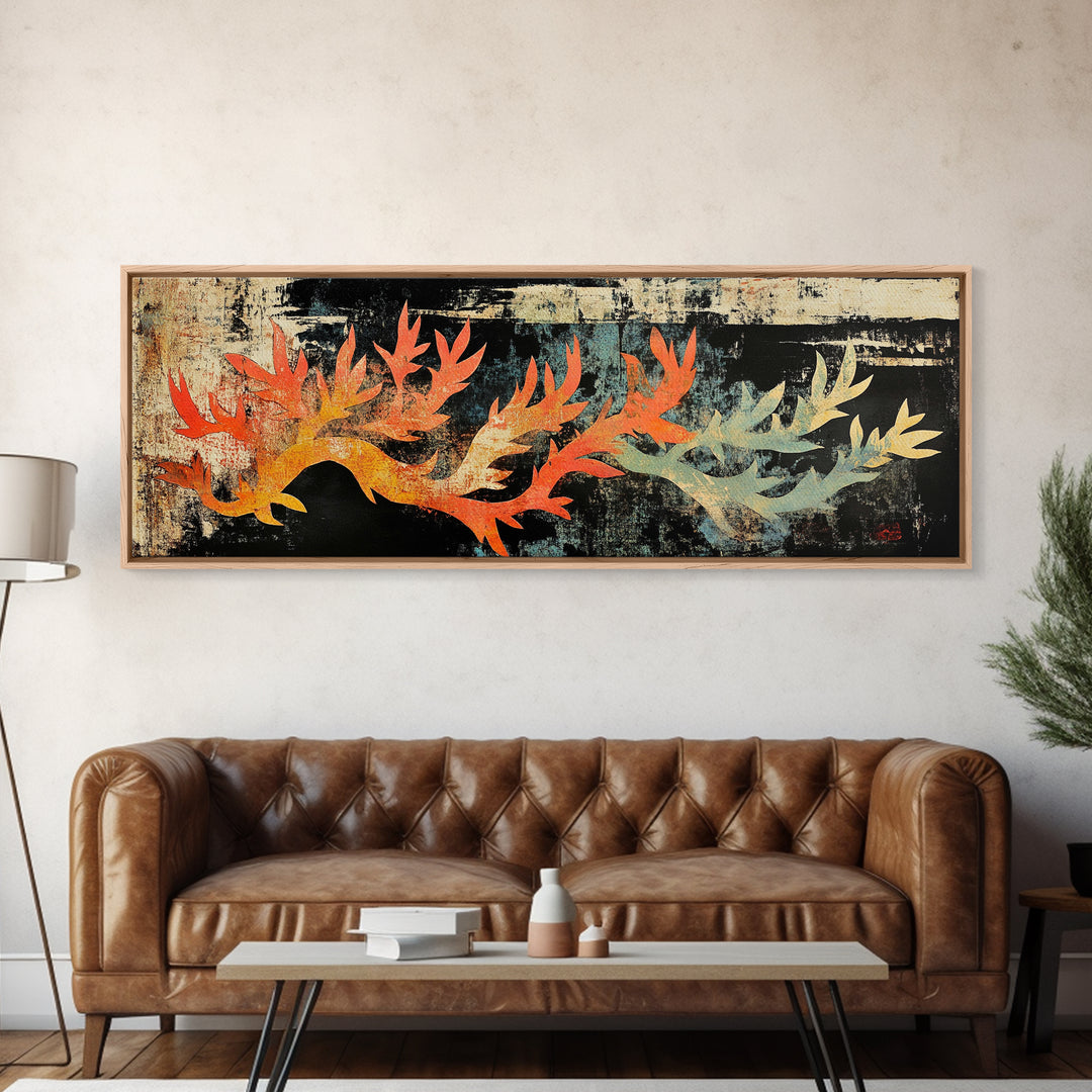 Fiery Coral Branch On Dark Canvas Print, Japanese Ocean Wall Art, Coastal Wall Decor, Nautical Sea Life Statement Art Print