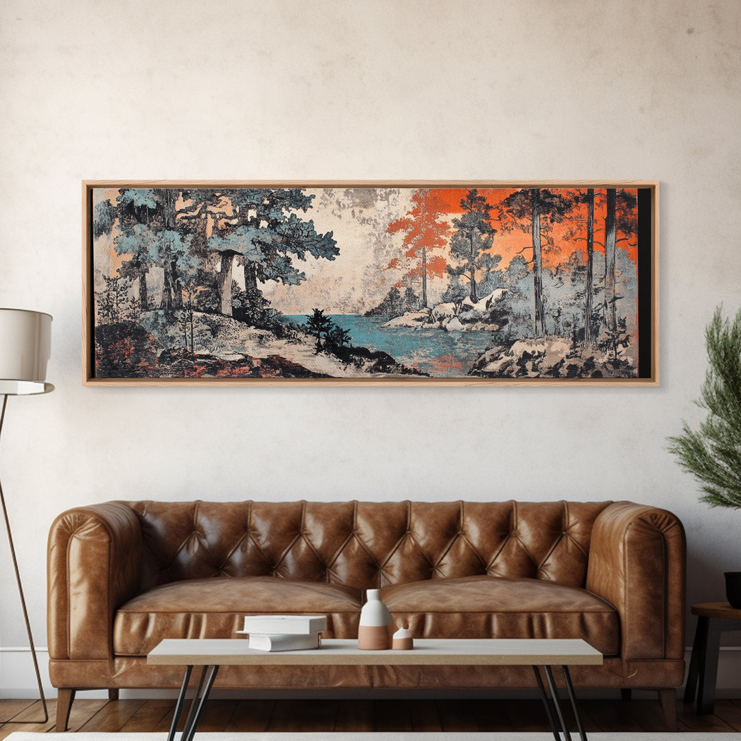 Snowy Pine Forest And Blue Lake Canvas Print, Japanese Landscape Wall Art, Nature Wall Decor, Japandi Winter Home Decor Gift