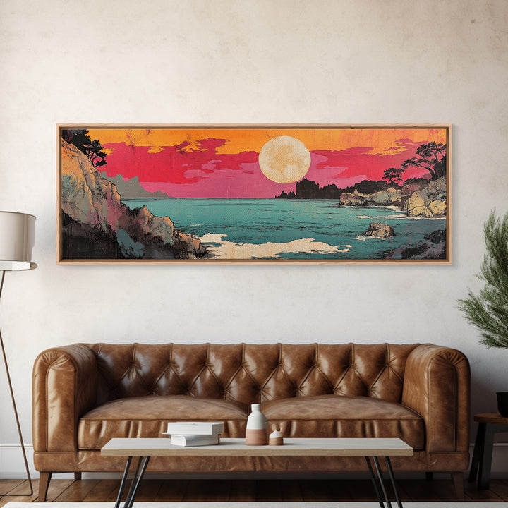 Pink Sunset Over Turquoise Cove Canvas Print, Japanese Coastal Wall Art, Ocean Seascape Decor, Beach House Wall Art Print