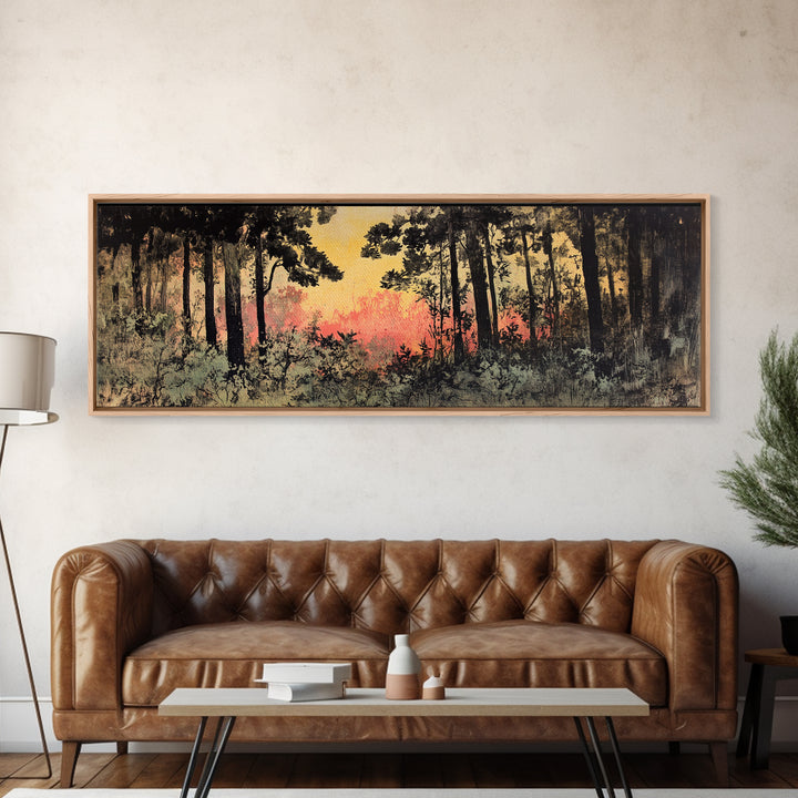 Dark Pine Forest At Pink Sunset Canvas Print, Moody Landscape Wall Art, Nature Wall Decor, Rustic Cabin Decor For Home Gift