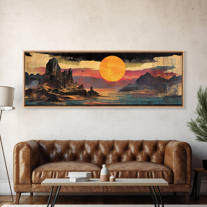 Orange Sun Over Desert Canyon Canvas Print, Southwestern Wall Art, Western Landscape Decor, Large Panoramic Wall Art For Home