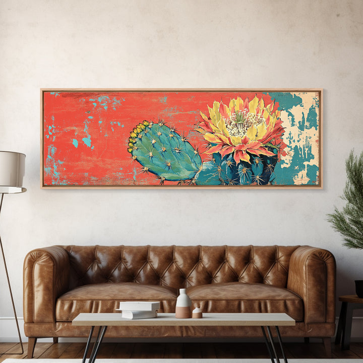 Blooming Desert Cactus On Coral Turquoise Texture Wall Art, Southwestern Canvas Print, Boho Desert Decor, Large Horizontal Art