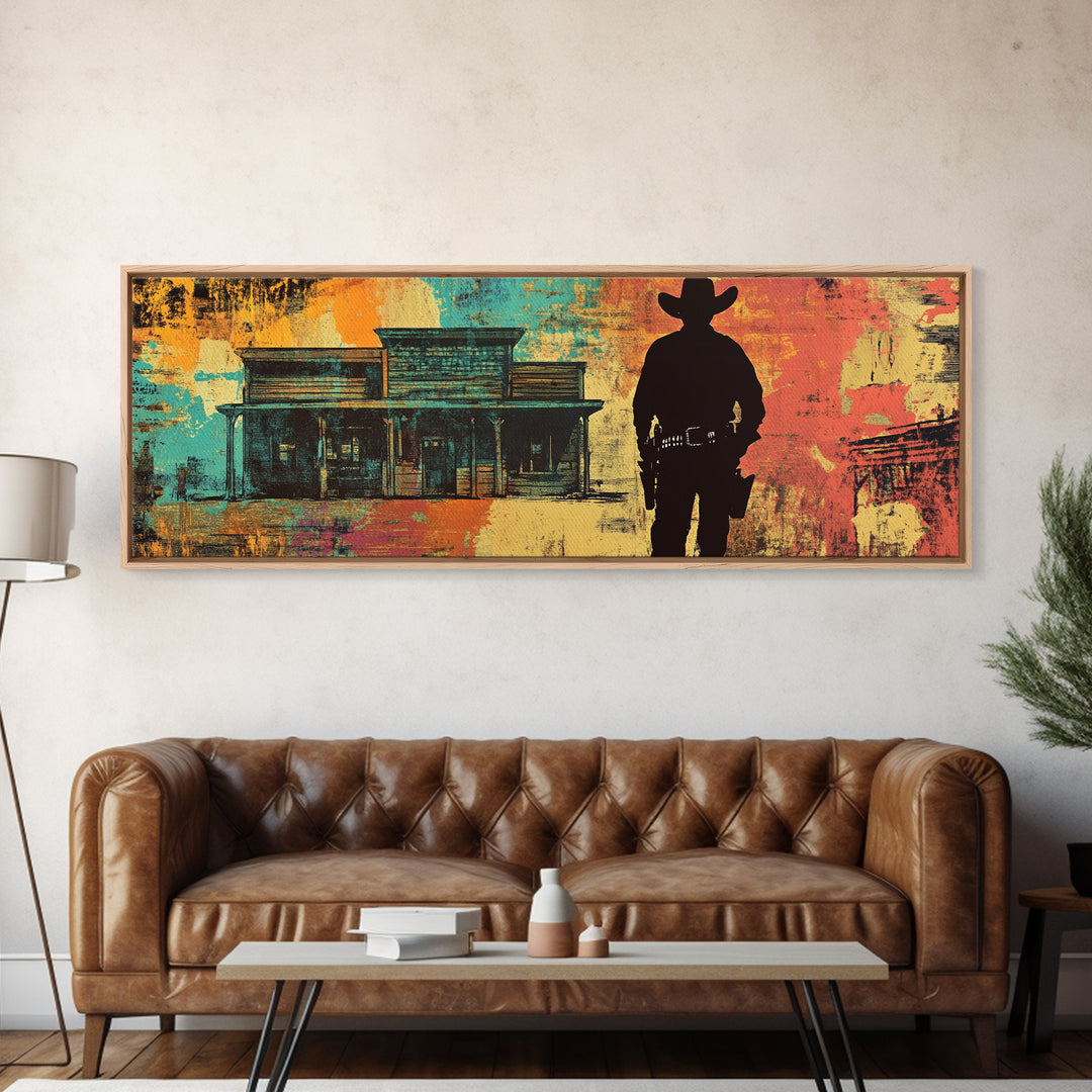 Cowboy Silhouette Beside Old Saloon Wall Art, Western Framed Canvas Print, Rustic Man Cave Decor, Southwest Statement Art