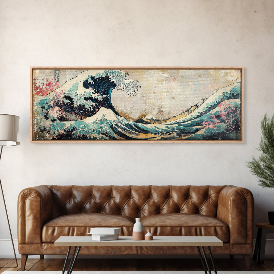 Japanese Great Wave With Soft Pastel Mountains Wall Art, Ukiyo E Framed Canvas Print, Coastal Japandi Decor, Ocean Art Print