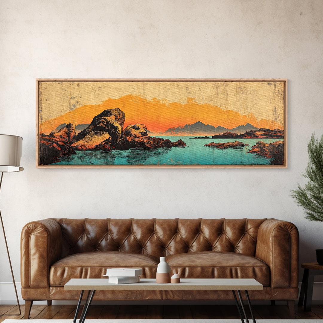 Orange Sunset Mountain Lake With Rocks Wall Art, Southwestern Canvas Print, Rustic Landscape Decor, Large Horizontal Art
