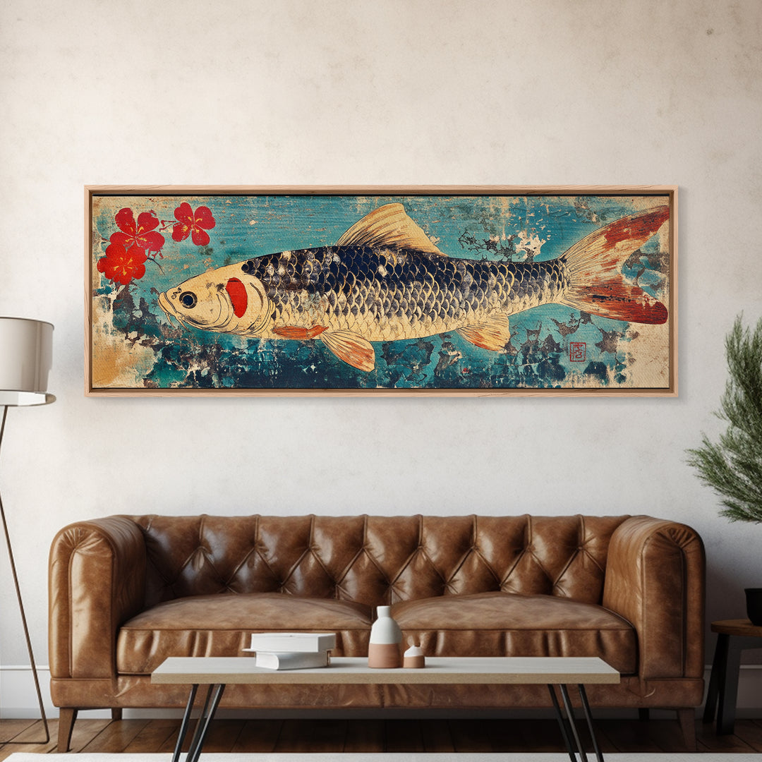 Koi Fish With Red Blossoms On Blue Texture Wall Art, Japanese Framed Canvas Print, Asian Decor, Nature Inspired Art Print