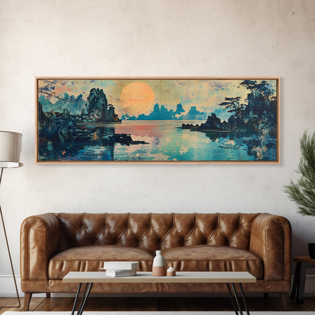 Serene Lake Sunset Framed Canvas Print, Japanese Landscape Wall Art, Coastal Home Decor, Living Room Art, Housewarming Gift
