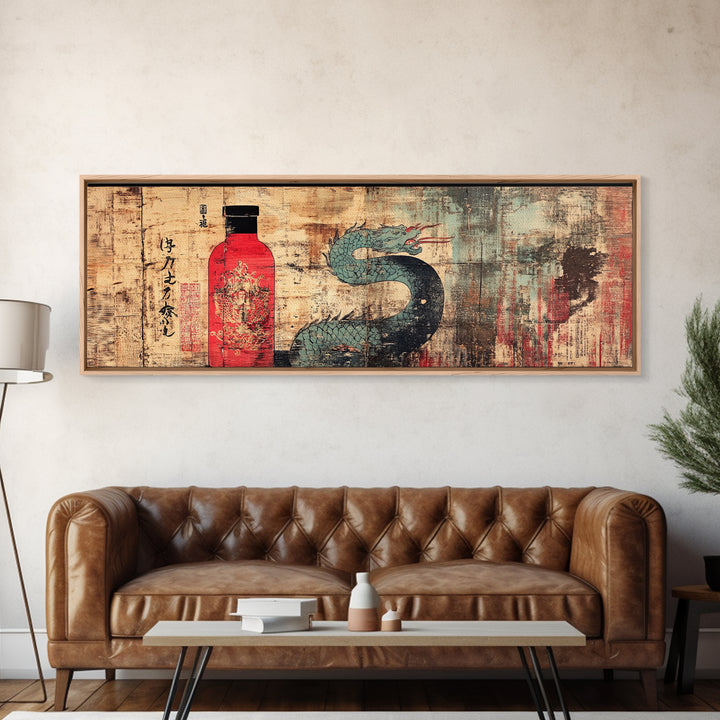 Red Sake Bottle And Dragon Wall Art, Asian Inspired Canvas Print, Japanese Decor, Kitchen Wall Decor, Gift For Him, Home Decor