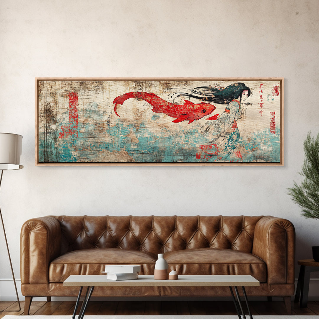 Red Koi Mermaid Wall Art, Asian Fantasy Canvas Print, Japanese Wall Decor, Whimsical Art, Bedroom Decor, Gift For Her, Home Decor